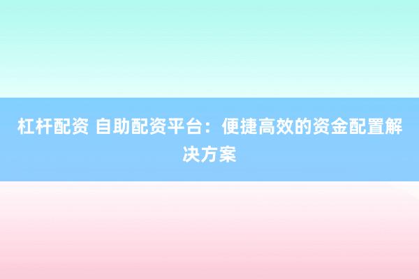 杠杆配资 自助配资平台：便捷高效的资金配置解决方案