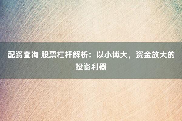 配资查询 股票杠杆解析：以小博大，资金放大的投资利器